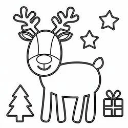 クリスマスのトナカイと木、星とプレゼント のぬりえ