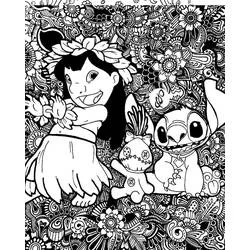 花のマンダラに囲まれたリロとスティッチ のぬりえ