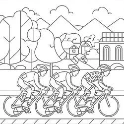 ツール・ド・フランス 村を走る自転車選手たち のぬりえ