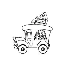 屋根にピザをのせたピザトラック のぬりえ